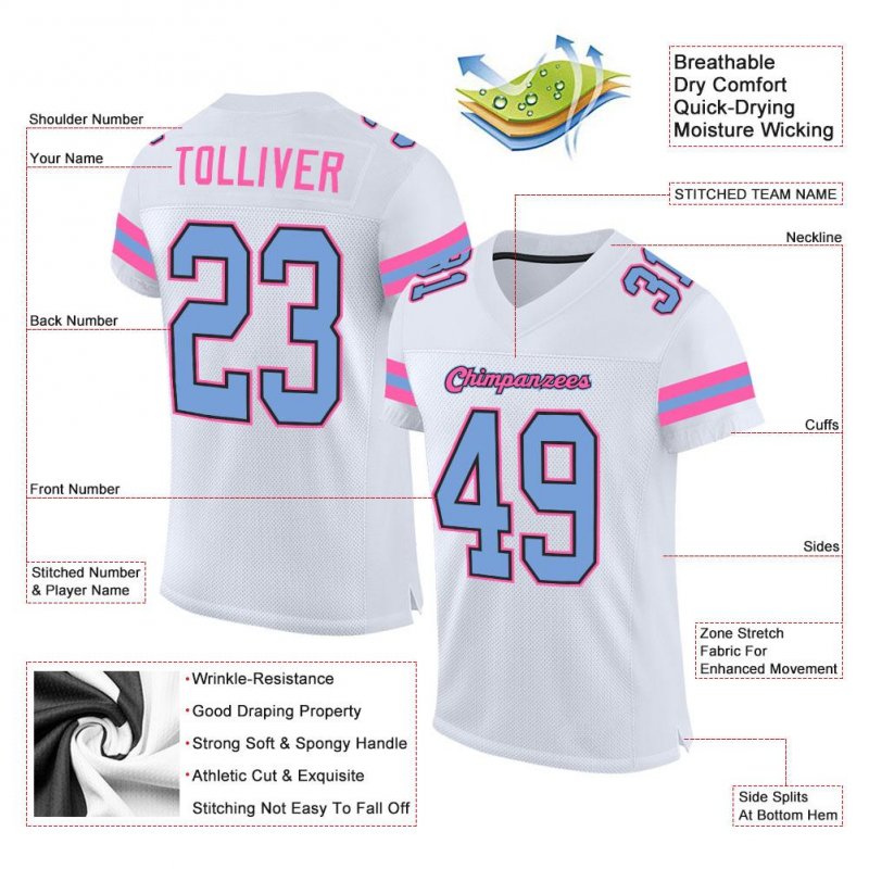 Men's Custom White Light Blue-Pink Mesh Authentic Football Jersey