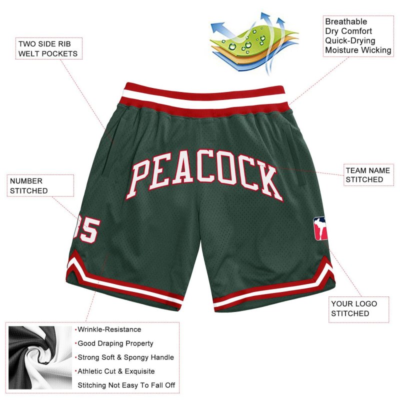 Men's Custom Hunter Green White-Red Authentic Throwback Basketball Shorts