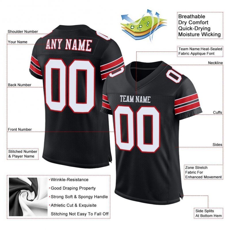 Men's Custom Black White-Red Mesh Authentic Football Jersey