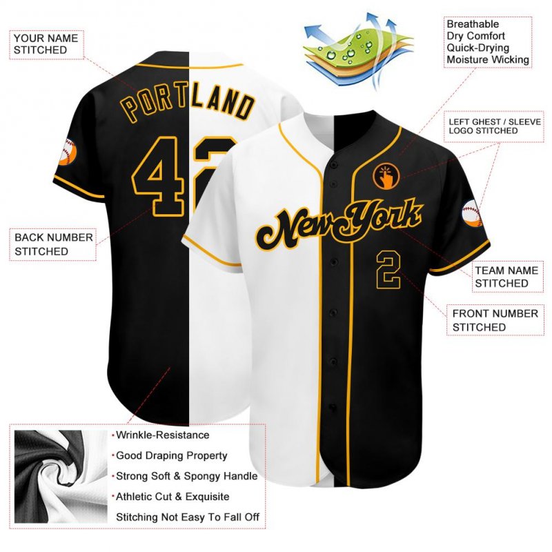 Men's Custom White-Black Gold Authentic Split Fashion Baseball Jersey