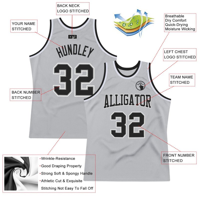 Men's Custom Silver Gray Black-White Authentic Throwback Basketball Jersey