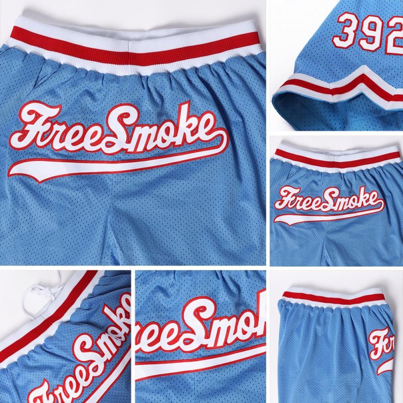 Men's Custom Light Blue White-Red Authentic Throwback Basketball Shorts