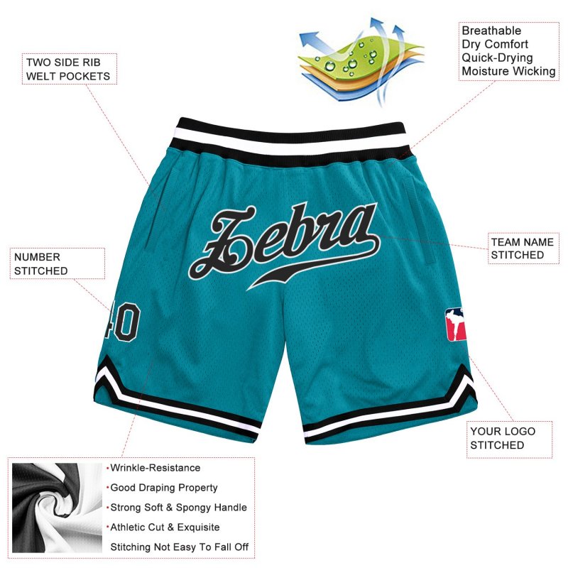 Men's Custom Teal Black-White Authentic Throwback Basketball Shorts